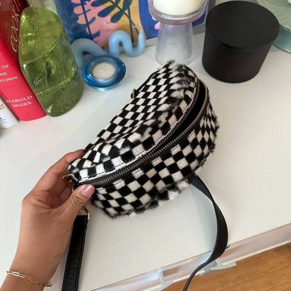 Primecut Checkered Crossbody Calf Hair Cowhide Bum Bag - Picture 4 of 7